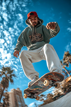 Skateboarder in a cap and sweatshirt jumping on a skateboard.の素材