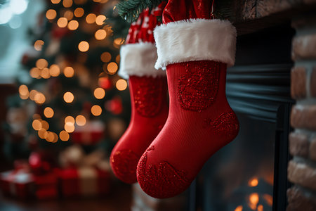 Christmas stocking hanging on fireplace against blurred Christmas lights background, closeupの素材
