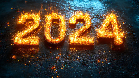 2024 written with fire on dark background. New year concept.の素材