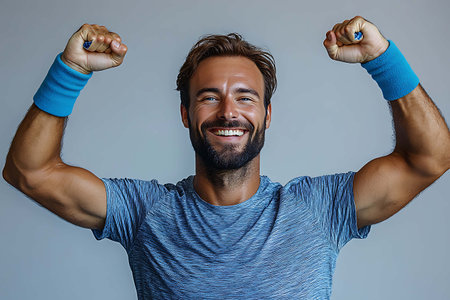 Portrait of a smiling man flexing his muscles against grey backgroundの素材