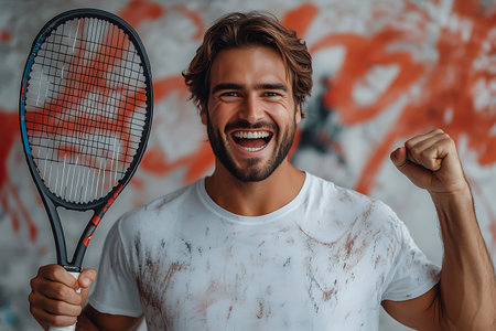 Handsome young man holding tennis racket and smiling while standing against wallの素材
