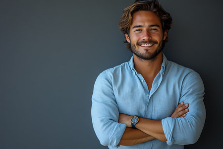 Portrait of handsome young man smiling with arms crossed against grey backgroundの素材