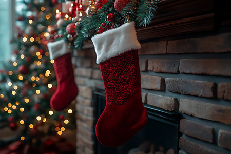Christmas socks hanging on a fireplace in front of a decorated Christmas treeの素材