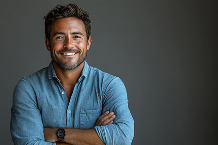 Portrait of handsome Indian man smiling with arms crossed against grey backgroundの素材
