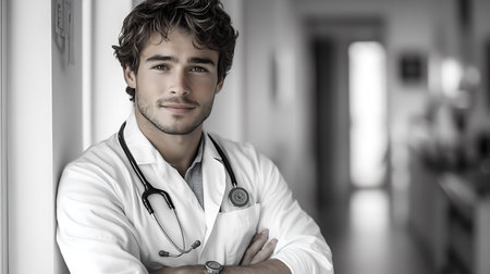 Portrait of a handsome young doctor with stethoscope at the hospitalの素材