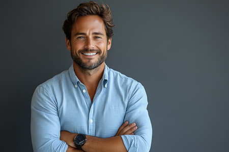 Portrait of a handsome young man smiling with arms crossed against grey backgroundの素材