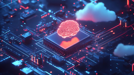 3D rendering of a human brain in a processor on a motherboardの素材