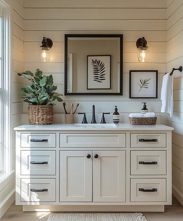 White vanity cabinet with black frame, mirror and plants in cozy bathroom interiorの素材