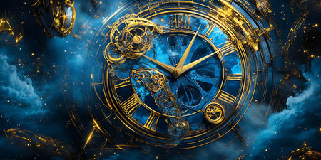 3D rendering of abstract technology concept background with clock and stars.の素材