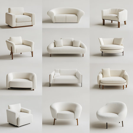 Collage of white armchairs isolated on white background. 3d renderの素材