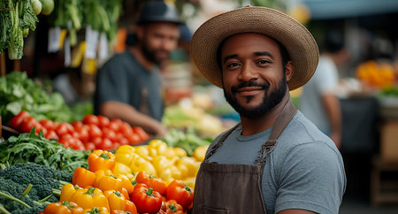 Portrait of smiling African-American man selling fresh vegetables at local marketの素材