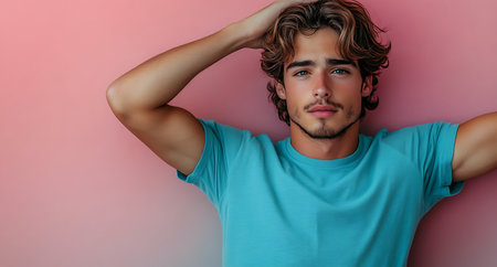 Portrait of handsome young man in blue t-shirt on pink backgroundの素材