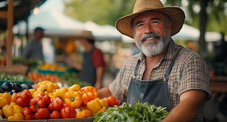Portrait of a senior farmer at the market. Senior farmer at the market.の素材