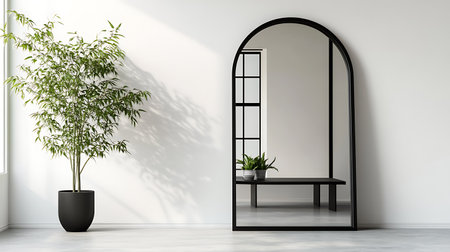 Interior of modern bright room with white walls, concrete floor, black window and plant in pot. 3d renderingの素材