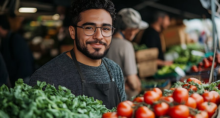 Portrait of a young man selling vegetables at a farmers market.の素材
