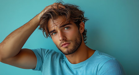 Portrait of a young handsome man in a blue t-shirtの素材