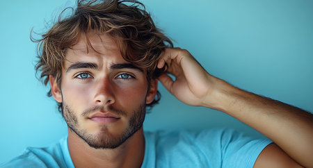 Portrait of a handsome young man looking at camera on blue backgroundの素材
