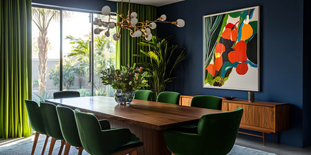 Interior of modern dining room with green chairs and wooden table. 3d renderの素材