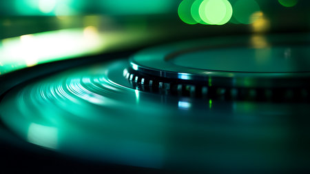 Turntable vinyl record player with green glowing bokeh backgroundの素材