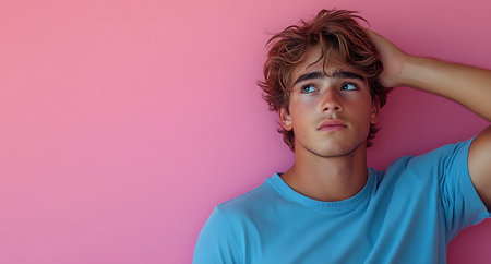Portrait of a young man in a blue t-shirt on a pink backgroundの素材