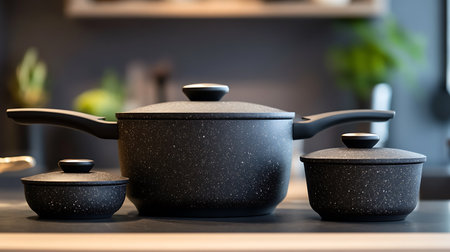 Close up of black pots and pans on the kitchen countertop.の素材