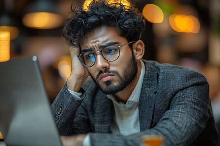 Portrait of young indian man in eyeglasses using laptop while sitting in cafeの素材