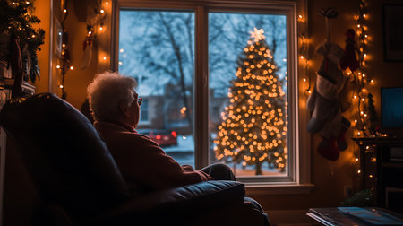 Elderly woman sitting in a chair in front of a window with a Christmas treeの素材