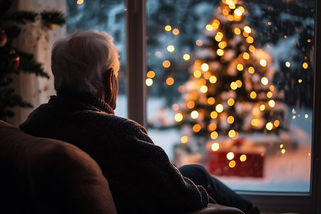 Elderly woman sitting on the windowsill in front of the Christmas treeの素材