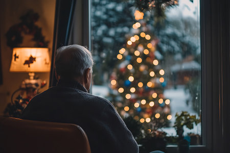 Elderly man sitting in front of a window with a Christmas treeの素材