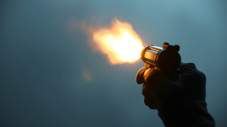 Hand holding a burning handgun on a dark background with smoke. Selective focus.の素材