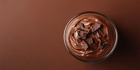 Chocolate mousse in a glass on a brown background, top viewの素材