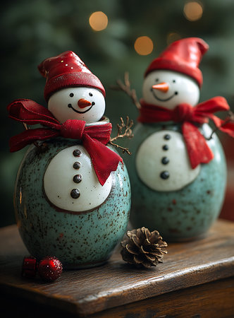 Christmas greeting card with cute snowman. Festive decoration. New Year. Selective focus.の素材