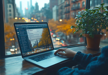 Woman working on a laptop at the table in front of a window in the cityの素材