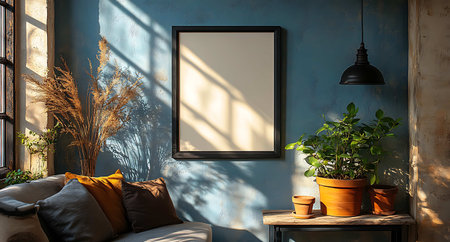 Modern living room interior with black mock up poster frame on blue wall, sofa and plants. 3d renderの素材
