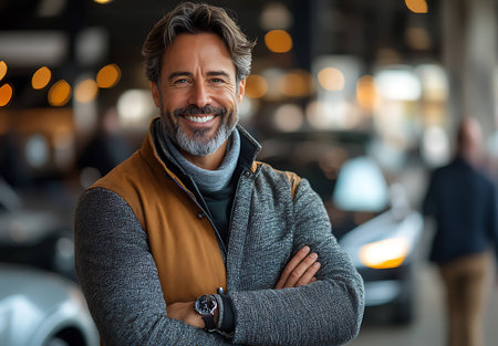 Portrait of handsome mature man with arms crossed standing in the cityの素材
