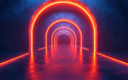3d render. Futuristic corridor with glowing neon lights. Abstract backgroundの素材