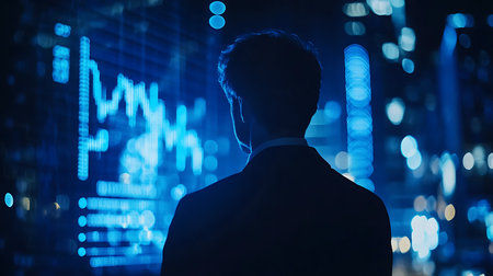 Businessman looking at night city and forex chart. Double exposureの素材
