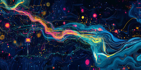 Futuristic technology background with glowing lines and dots. 3d renderingの素材