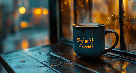 Mug of coffee on a wooden table near the window at nightの素材