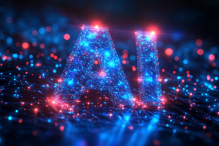 3d rendering of letter A consisting of glowing particles on dark backgroundの素材