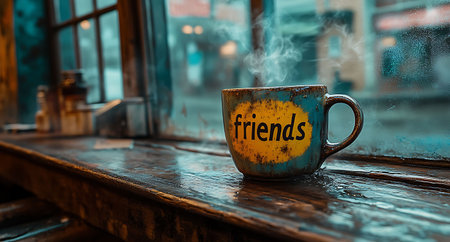 Mug of coffee with the inscription Gratis on the background of the windowの素材