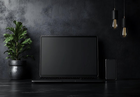 Laptop with blank screen on black concrete wall background. 3d renderの素材