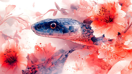 Illustration of a snake with flowers in a watercolor style.の素材