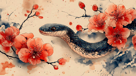 Watercolor painting of japanese rat snake and sakura flowersの素材