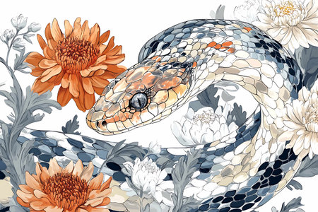 Seamless pattern with a snake and flowers. Vector illustration.の素材