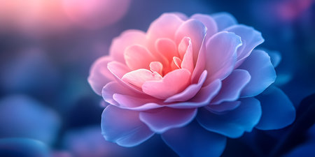 Beautiful pink camellia flower close-up on a blue backgroundの素材