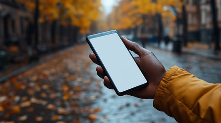 Mockup image of a man's hand holding a smartphone with a blank screen on the background of an autumn parkの素材