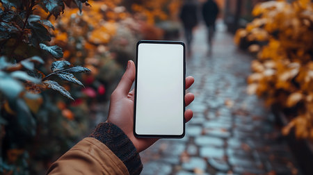 Mockup image of a smartphone with a white screen in a woman's hand on a background of autumn leavesの素材