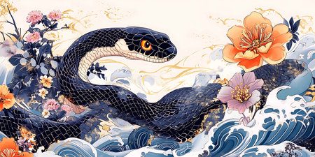 Illustration of snake with flowers and leaves in the style of Chinese paintingの素材