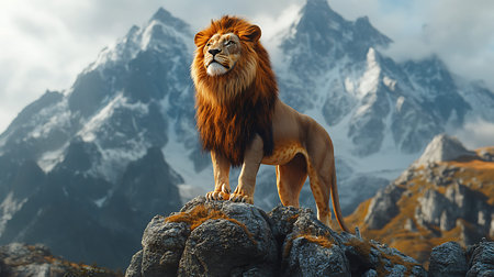 Lion on the rock in the mountains. 3d illustration.の素材